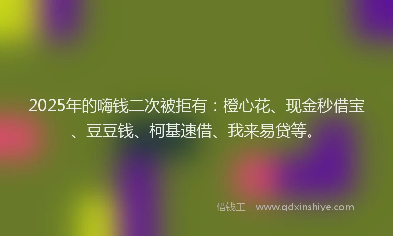 2025年的嗨钱二次被拒有：橙心花、现金秒借宝、豆豆钱、柯基速借、我来易贷等。