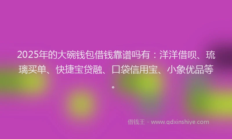 2025年的大碗钱包借钱靠谱吗有：洋洋借呗、琉璃买单、快捷宝贷融、口袋信用宝、小象优品等。