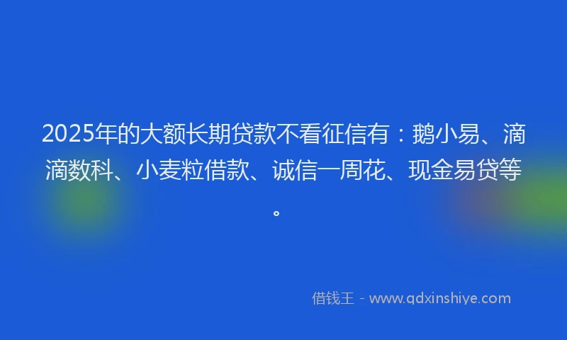 2025年的大额长期贷款不看征信有：鹅小易、滴滴数科、小麦粒借款、诚信一周花、现金易贷等。