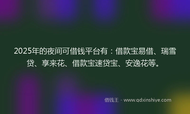 2025年的夜间可借钱平台有：借款宝易借、瑞雪贷、享来花、借款宝速贷宝、安逸花等。