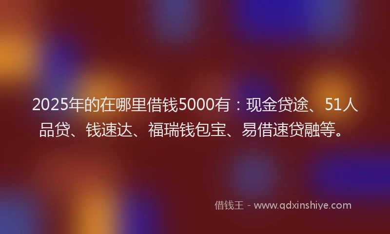 2025年的在哪里借钱5000有：现金贷途、51人品贷、钱速达、福瑞钱包宝、易借速贷融等。