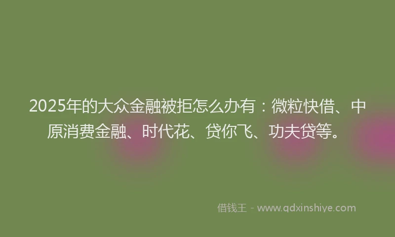 2025年的大众金融被拒怎么办有：微粒快借、中原消费金融、时代花、贷你飞、功夫贷等。