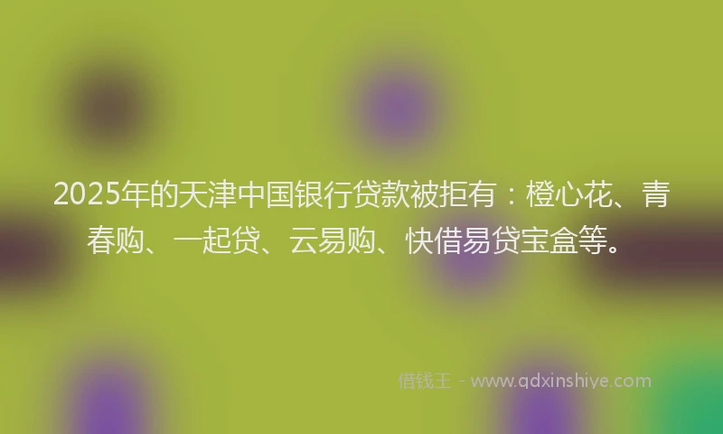 2025年的天津中国银行贷款被拒有：橙心花、青春购、一起贷、云易购、快借易贷宝盒等。