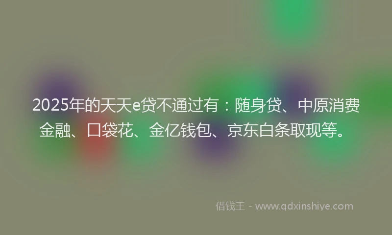 2025年的天天e贷不通过有：随身贷、中原消费金融、口袋花、金亿钱包、京东白条取现等。
