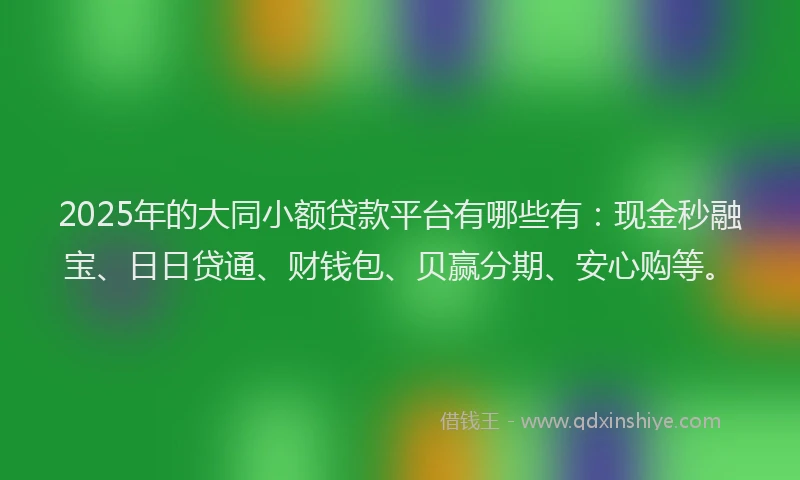 2025年的大同小额贷款平台有哪些有：现金秒融宝、日日贷通、财钱包、贝赢分期、安心购等。