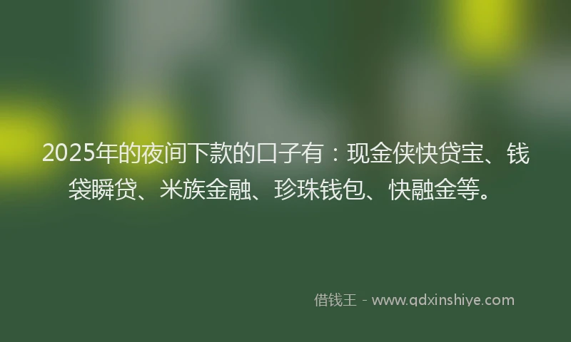 2025年的夜间下款的口子有：现金侠快贷宝、钱袋瞬贷、米族金融、珍珠钱包、快融金等。