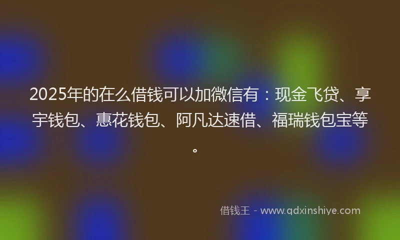 2025年的在么借钱可以加微信有：现金飞贷、享宇钱包、惠花钱包、阿凡达速借、福瑞钱包宝等。