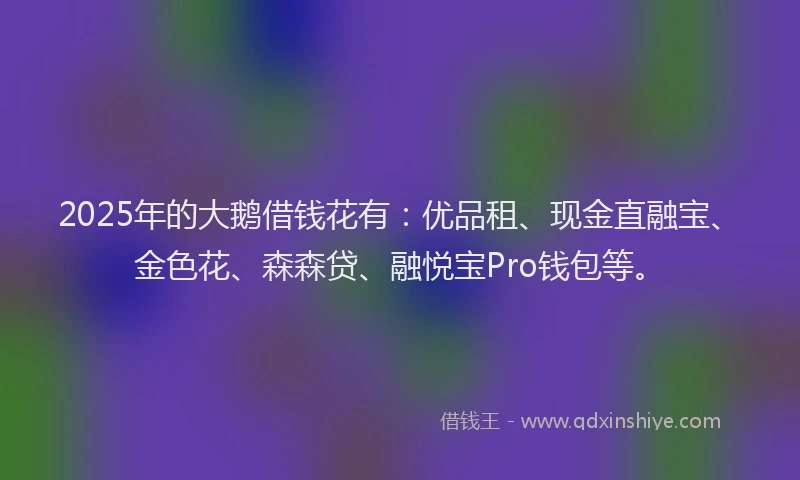 2025年的大鹅借钱花有：优品租、现金直融宝、金色花、森森贷、融悦宝Pro钱包等。