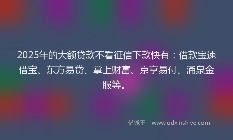 2025年的大额贷款不看征信下款快有：借款宝速借宝、东方易贷、掌上财富、京享易付、涌泉金服等。