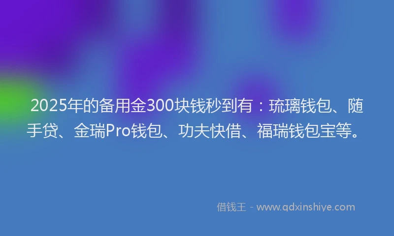 2025年的备用金300块钱秒到有：琉璃钱包、随手贷、金瑞Pro钱包、功夫快借、福瑞钱包宝等。