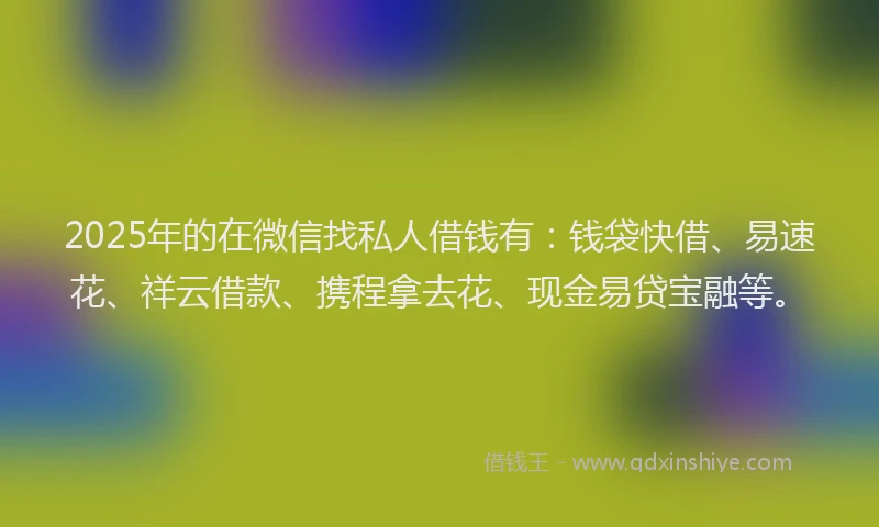 2025年的在微信找私人借钱有：钱袋快借、易速花、祥云借款、携程拿去花、现金易贷宝融等。