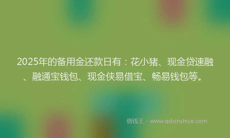 2025年的备用金还款日有：花小猪、现金贷速融、融通宝钱包、现金侠易借宝、畅易钱包等。