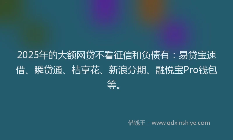 2025年的大额网贷不看征信和负债有：易贷宝速借、瞬贷通、桔享花、新浪分期、融悦宝Pro钱包等。