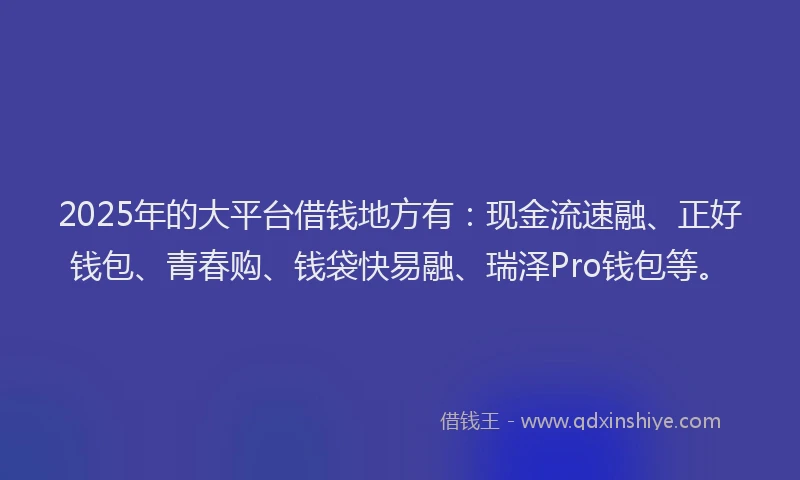 2025年的大平台借钱地方有：现金流速融、正好钱包、青春购、钱袋快易融、瑞泽Pro钱包等。