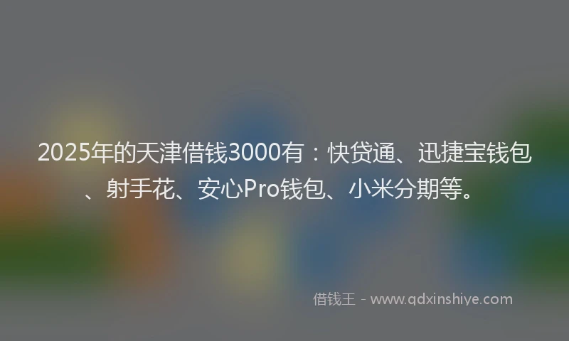 2025年的天津借钱3000有:快贷通、迅捷宝钱包、射手花、安心Pro钱包、小米分期等。
