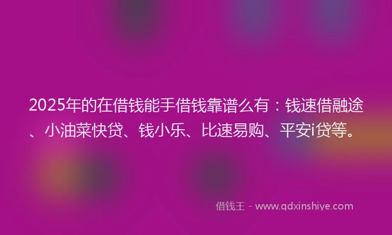 2025年的在借钱能手借钱靠谱么有：钱速借融途、小油菜快贷、钱小乐、比速易购、平安i贷等。