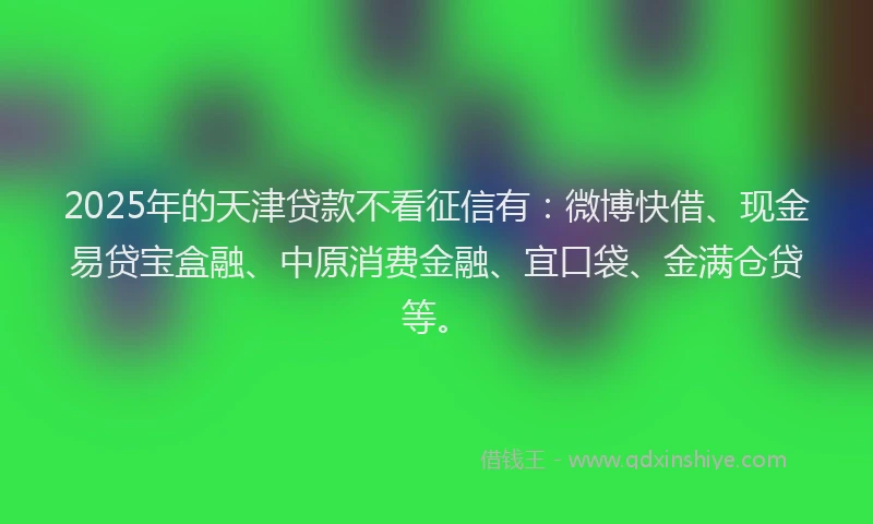 2025年的天津贷款不看征信有：微博快借、现金易贷宝盒融、中原消费金融、宜口袋、金满仓贷等。