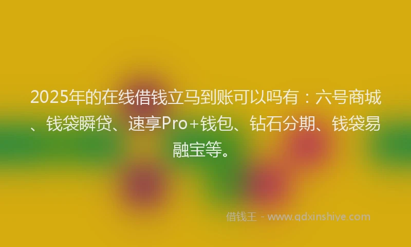 2025年的在线借钱立马到账可以吗有：六号商城、钱袋瞬贷、速享Pro+钱包、钻石分期、钱袋易融宝等。