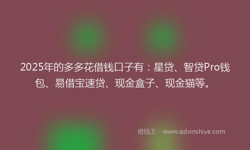 2025年的多多花借钱口子有：星贷、智贷Pro钱包、易借宝速贷、现金盒子、现金猫等。