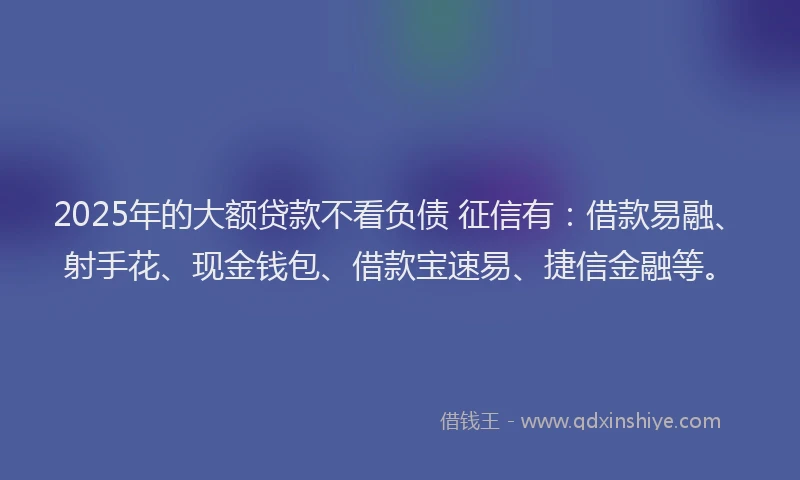 2025年的大额贷款不看负债 征信有：借款易融、射手花、现金钱包、借款宝速易、捷信金融等。