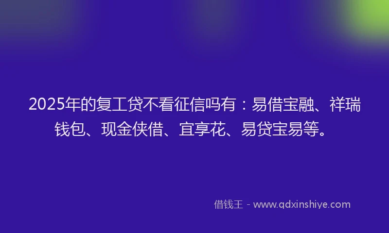2025年的复工贷不看征信吗有：易借宝融、祥瑞钱包、现金侠借、宜享花、易贷宝易等。