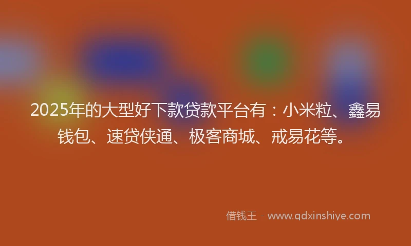 2025年的大型好下款贷款平台有：小米粒、鑫易钱包、速贷侠通、极客商城、戒易花等。
