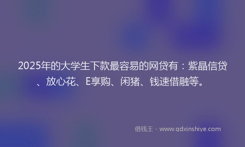 2025年的大学生下款最容易的网贷有：紫晶信贷、放心花、E享购、闲猪、钱速借融等。