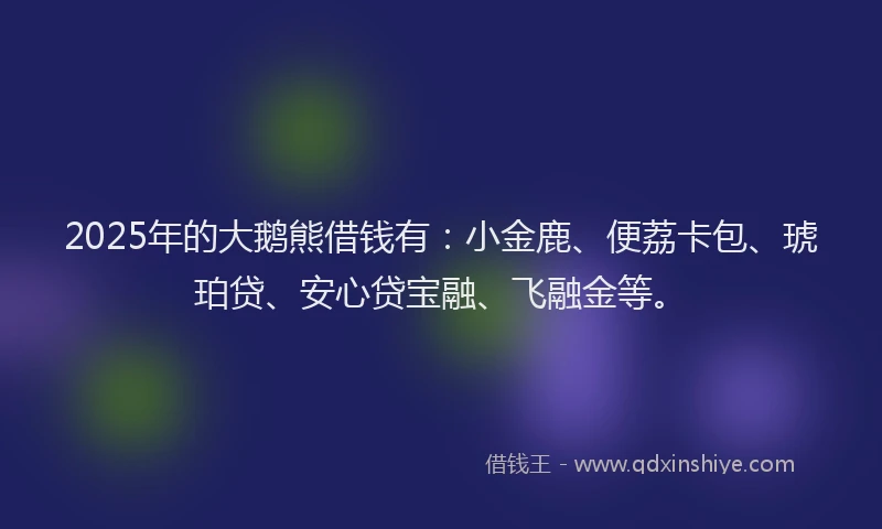 2025年的大鹅熊借钱有：小金鹿、便荔卡包、琥珀贷、安心贷宝融、飞融金等。