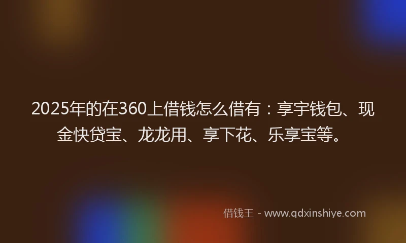 2025年的在360上借钱怎么借有：享宇钱包、现金快贷宝、龙龙用、享下花、乐享宝等。