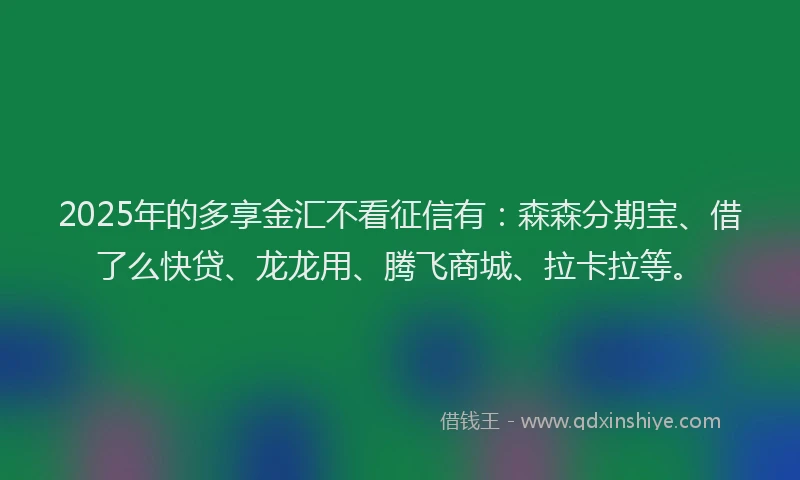 2025年的多享金汇不看征信有：森森分期宝、借了么快贷、龙龙用、腾飞商城、拉卡拉等。