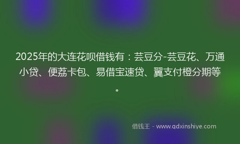 2025年的大连花呗借钱有：芸豆分-芸豆花、万通小贷、便荔卡包、易借宝速贷、翼支付橙分期等。