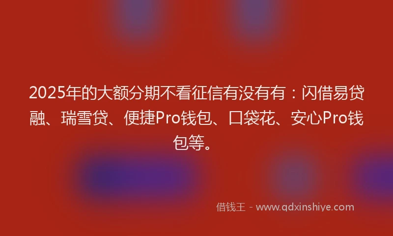 2025年的大额分期不看征信有没有有：闪借易贷融、瑞雪贷、便捷Pro钱包、口袋花、安心Pro钱包等。
