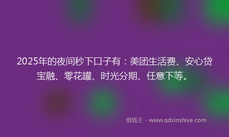 2025年的夜间秒下口子有：美团生活费、安心贷宝融、零花罐、时光分期、任意下等。