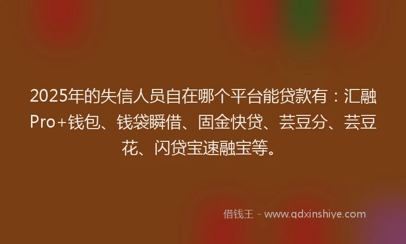 2025年的失信人员自在哪个平台能贷款有：汇融Pro+钱包、钱袋瞬借、固金快贷、芸豆分、芸豆花、闪贷宝速融宝等。