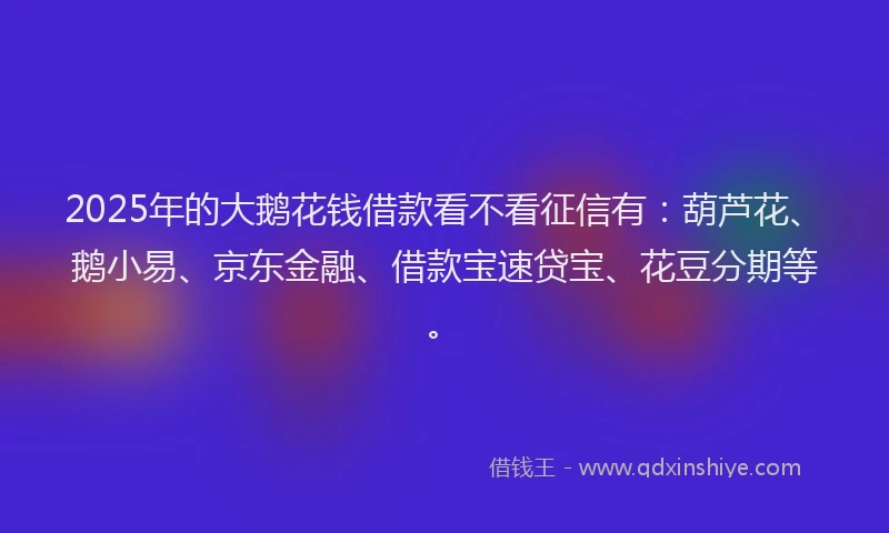 2025年的大鹅花钱借款看不看征信有：葫芦花、鹅小易、京东金融、借款宝速贷宝、花豆分期等。