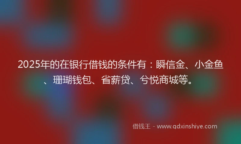 2025年的在银行借钱的条件有：瞬信金、小金鱼、珊瑚钱包、省薪贷、兮悦商城等。