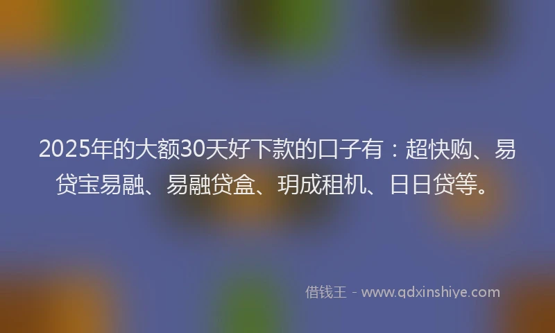 2025年的大额30天好下款的口子有：超快购、易贷宝易融、易融贷盒、玥成租机、日日贷等。