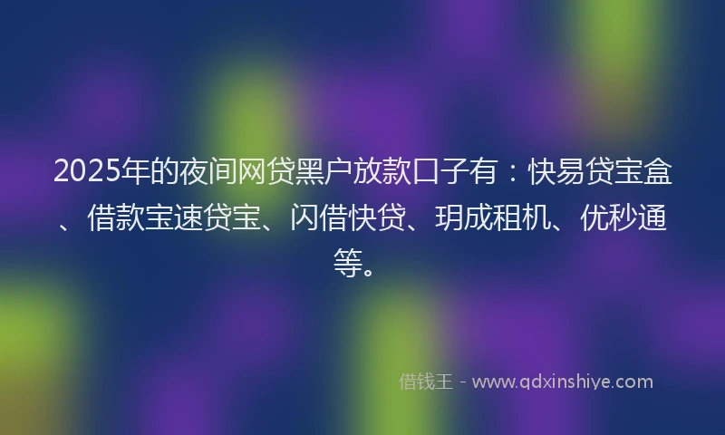 2025年的夜间网贷黑户放款口子有：快易贷宝盒、借款宝速贷宝、闪借快贷、玥成租机、优秒通等。