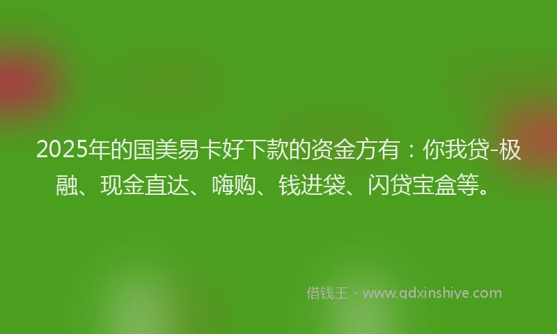 2025年的国美易卡好下款的资金方有：你我贷-极融、现金直达、嗨购、钱进袋、闪贷宝盒等。