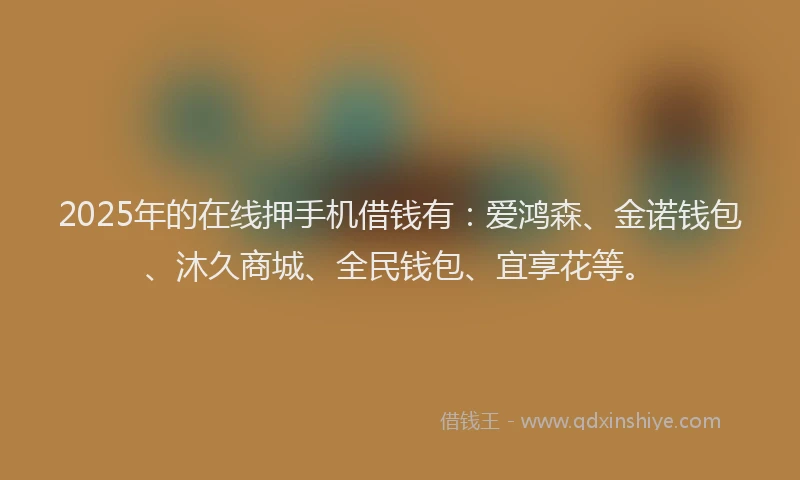 2025年的在线押手机借钱有：爱鸿森、金诺钱包、沐久商城、全民钱包、宜享花等。