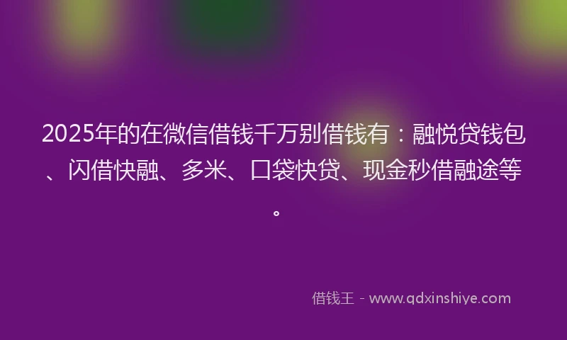 2025年的在微信借钱千万别借钱有：融悦贷钱包、闪借快融、多米、口袋快贷、现金秒借融途等。