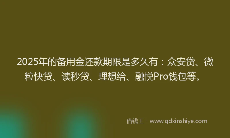 2025年的备用金还款期限是多久有：众安贷、微粒快贷、读秒贷、理想给、融悦Pro钱包等。