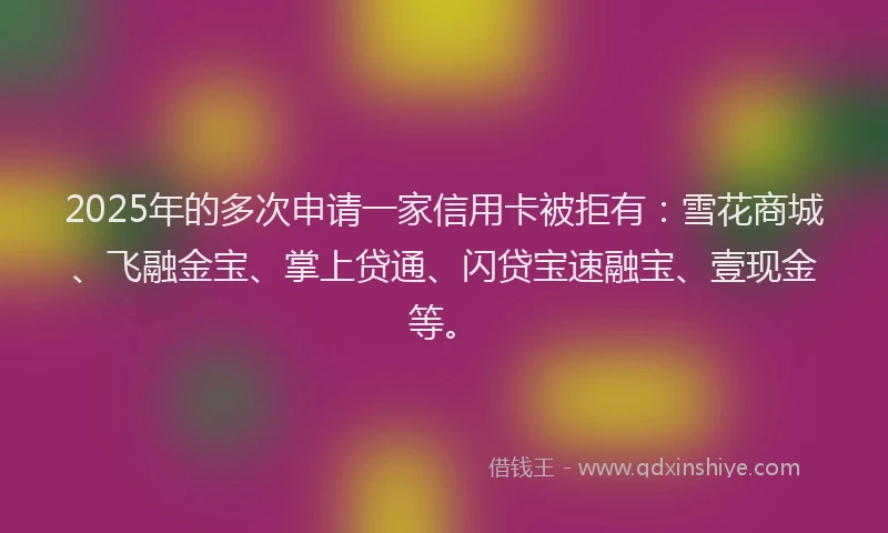 2025年的多次申请一家信用卡被拒有：雪花商城、飞融金宝、掌上贷通、闪贷宝速融宝、壹现金等。