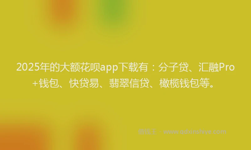 2025年的大额花呗app下载有：分子贷、汇融Pro+钱包、快贷易、翡翠信贷、橄榄钱包等。
