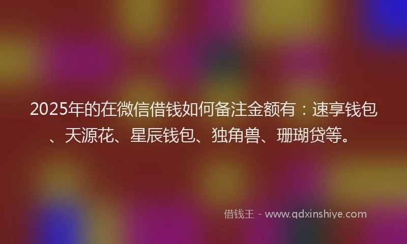 2025年的在微信借钱如何备注金额有：速享钱包、天源花、星辰钱包、独角兽、珊瑚贷等。