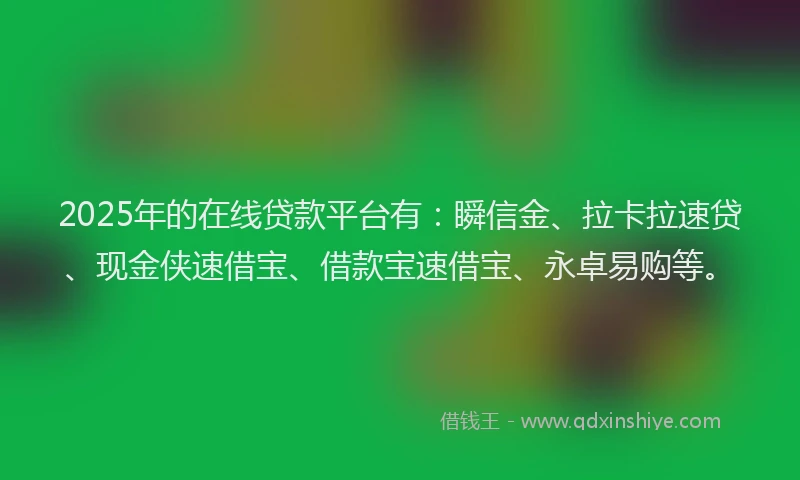 2025年的在线贷款平台有：瞬信金、拉卡拉速贷、现金侠速借宝、借款宝速借宝、永卓易购等。
