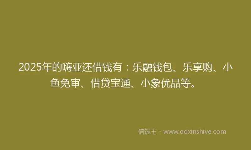2025年的嗨亚还借钱有：乐融钱包、乐享购、小鱼免审、借贷宝通、小象优品等。