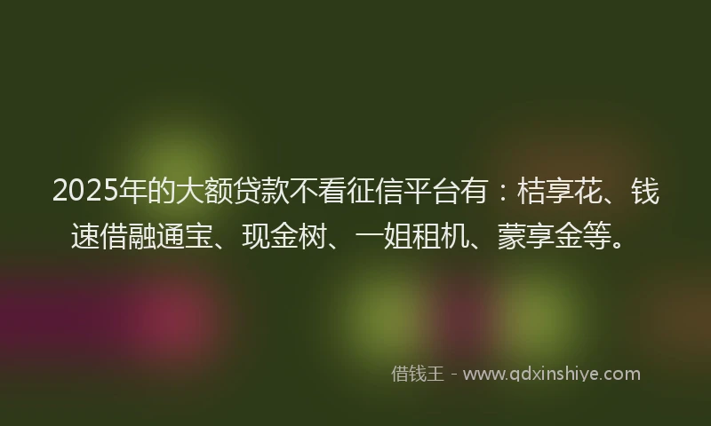 2025年的大额贷款不看征信平台有：桔享花、钱速借融通宝、现金树、一姐租机、蒙享金等。