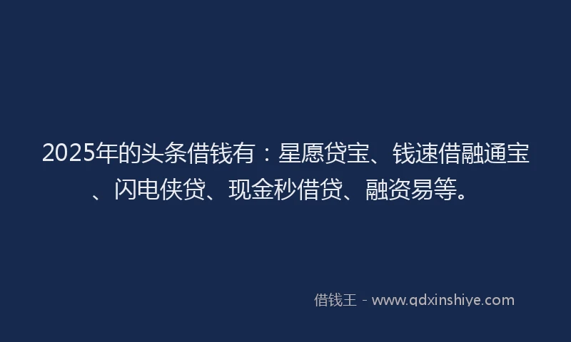 2025年的头条借钱有：星愿贷宝、钱速借融通宝、闪电侠贷、现金秒借贷、融资易等。