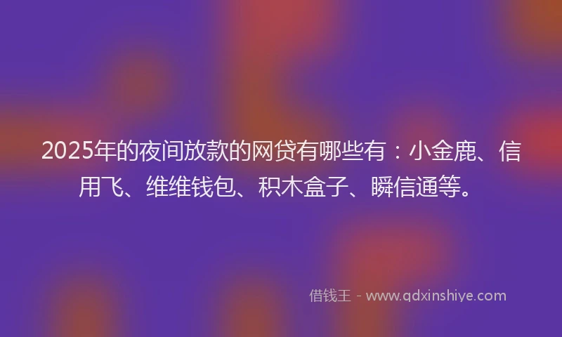 2025年的夜间放款的网贷有哪些有：小金鹿、信用飞、维维钱包、积木盒子、瞬信通等。